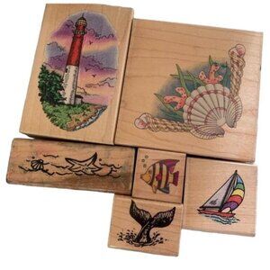 Wooden Rubber Stamps Coastal Design Set Nautical Sea Life Beach Craft